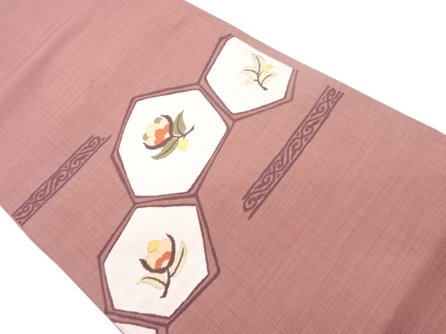 変わり亀甲に草花模様織出し名古屋帯